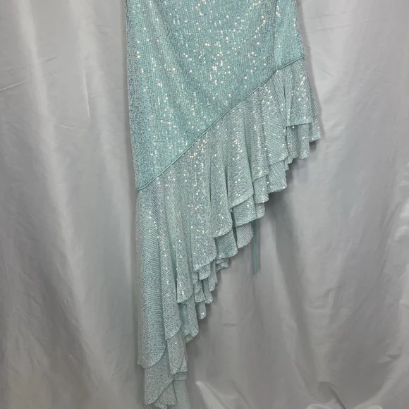 Mac Duggal A11274 Aqua Sequined Halter Cut Out Ruffle Asymmetrical Dress Size 4